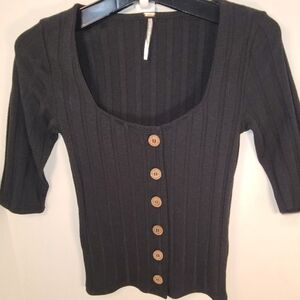 Free People Black Ribbed Button-Up Top